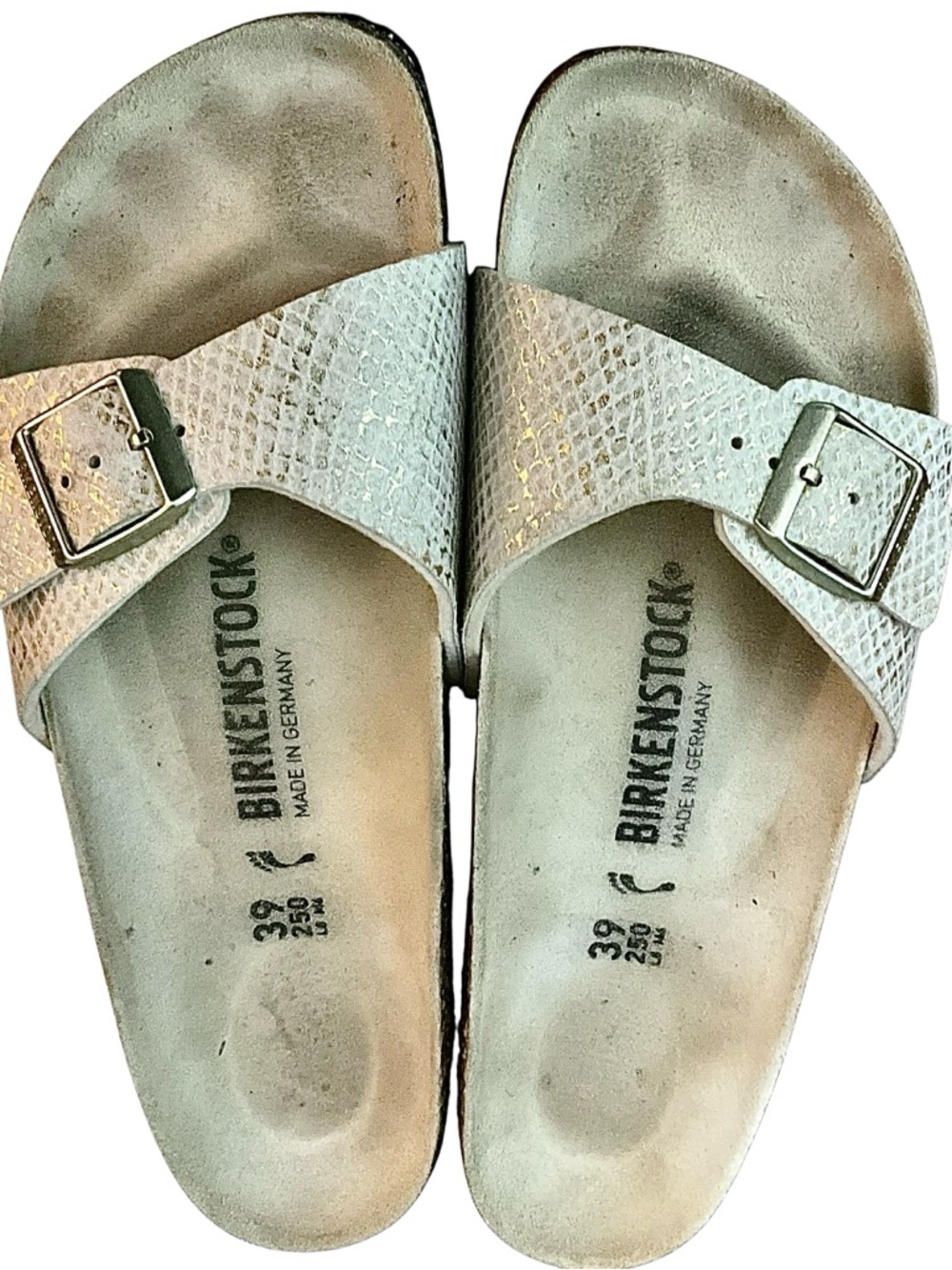 Birkenstock Madrid One Buckle Sandal in Cream Snakeskin with Golden Flecks